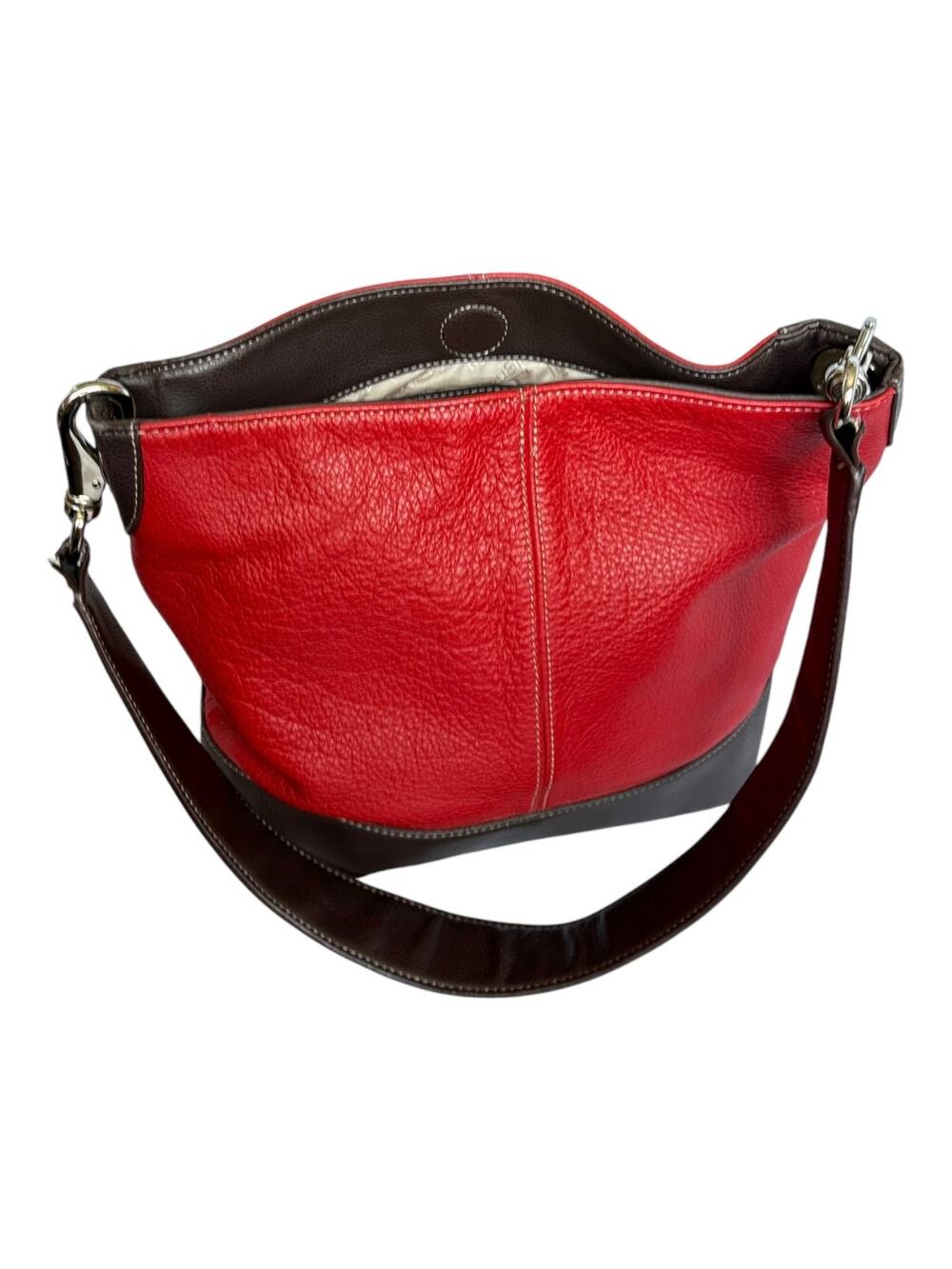 Tignanello Slouchy Hand Bag Two Toned Brown & Red Pebbled Leather Hobo Purse
